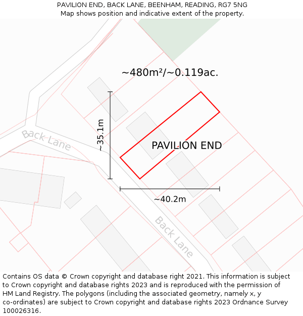 PAVILION END, BACK LANE, BEENHAM, READING, RG7 5NG: Plot and title map