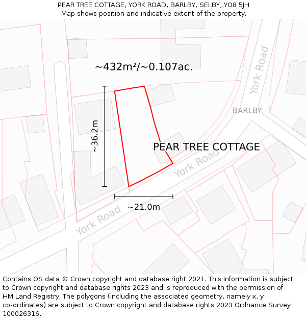 PEAR TREE COTTAGE, YORK ROAD, BARLBY, SELBY, YO8 5JH: Plot and title map