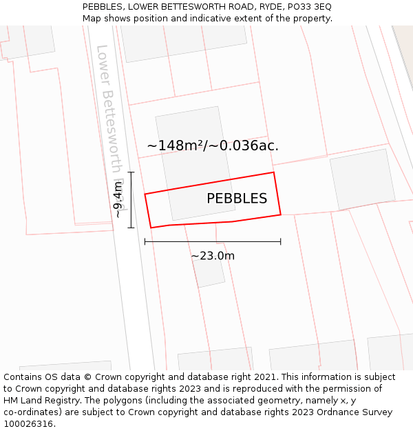 PEBBLES, LOWER BETTESWORTH ROAD, RYDE, PO33 3EQ: Plot and title map