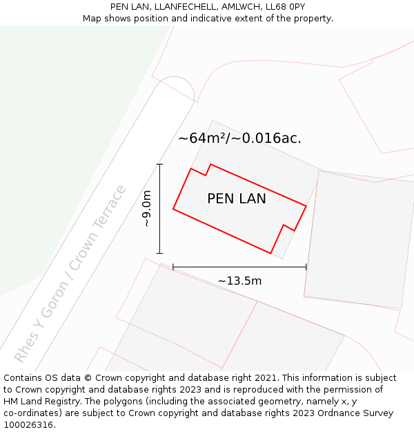 PEN LAN, LLANFECHELL, AMLWCH, LL68 0PY: Plot and title map