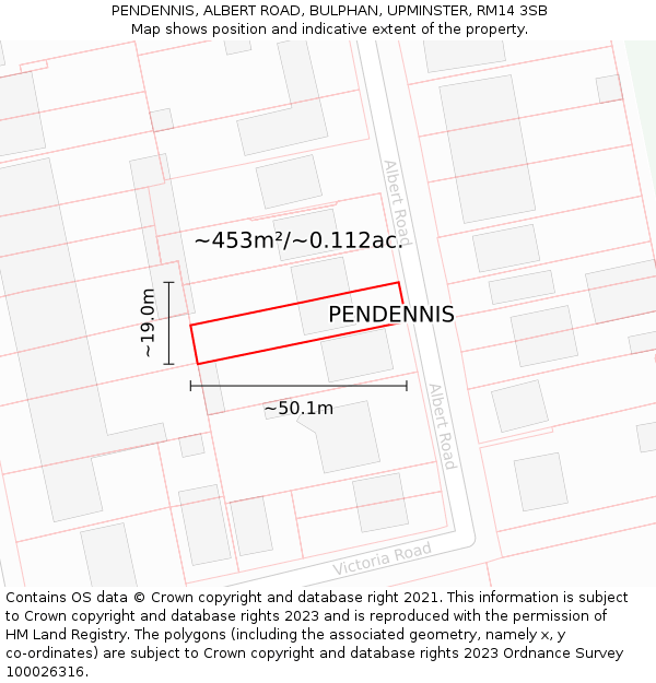 PENDENNIS, ALBERT ROAD, BULPHAN, UPMINSTER, RM14 3SB: Plot and title map