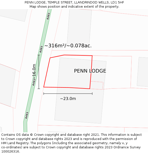 PENN LODGE, TEMPLE STREET, LLANDRINDOD WELLS, LD1 5HF: Plot and title map