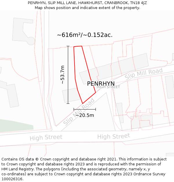 PENRHYN, SLIP MILL LANE, HAWKHURST, CRANBROOK, TN18 4JZ: Plot and title map