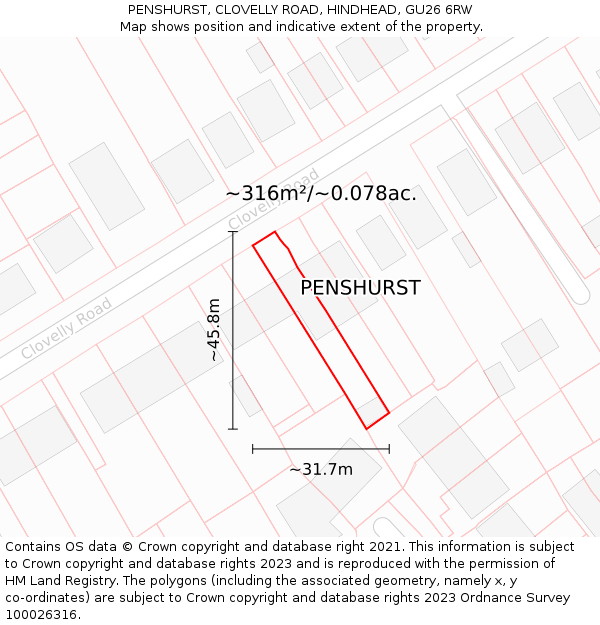 PENSHURST, CLOVELLY ROAD, HINDHEAD, GU26 6RW: Plot and title map