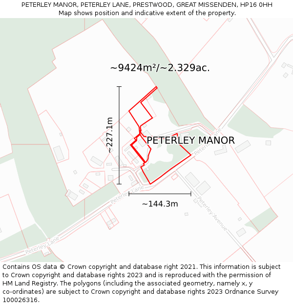 PETERLEY MANOR, PETERLEY LANE, PRESTWOOD, GREAT MISSENDEN, HP16 0HH: Plot and title map