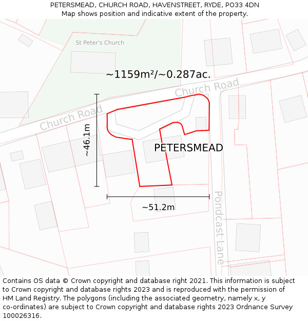 PETERSMEAD, CHURCH ROAD, HAVENSTREET, RYDE, PO33 4DN: Plot and title map