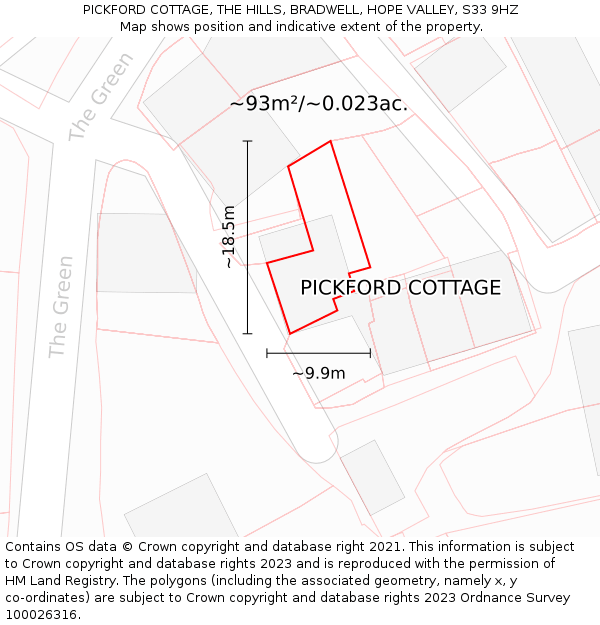 PICKFORD COTTAGE, THE HILLS, BRADWELL, HOPE VALLEY, S33 9HZ: Plot and title map
