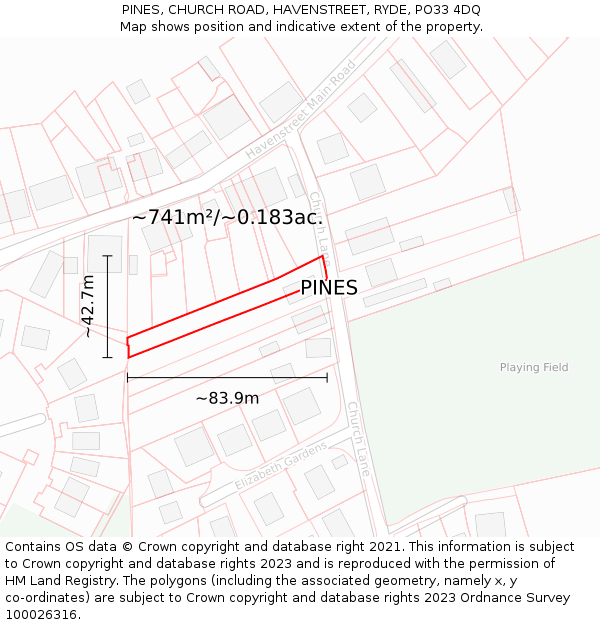 PINES, CHURCH ROAD, HAVENSTREET, RYDE, PO33 4DQ: Plot and title map