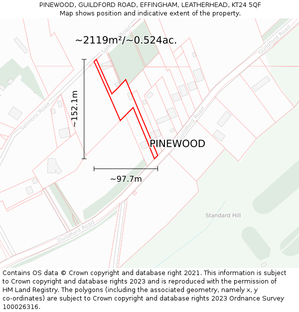 PINEWOOD, GUILDFORD ROAD, EFFINGHAM, LEATHERHEAD, KT24 5QF: Plot and title map