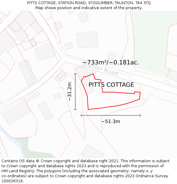 PITTS COTTAGE, STATION ROAD, STOGUMBER, TAUNTON, TA4 3TQ: Plot and title map