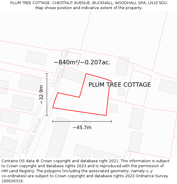 PLUM TREE COTTAGE, CHESTNUT AVENUE, BUCKNALL, WOODHALL SPA, LN10 5DU: Plot and title map