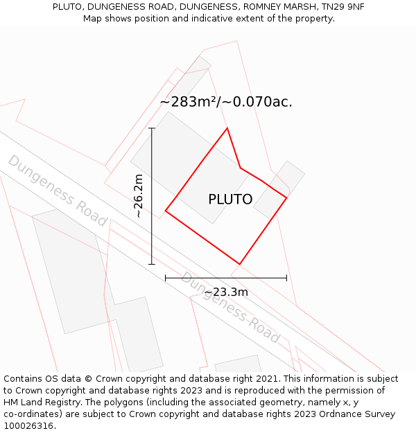 PLUTO, DUNGENESS ROAD, DUNGENESS, ROMNEY MARSH, TN29 9NF: Plot and title map