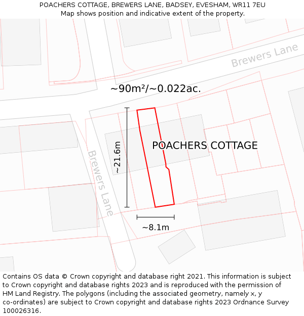 POACHERS COTTAGE, BREWERS LANE, BADSEY, EVESHAM, WR11 7EU: Plot and title map