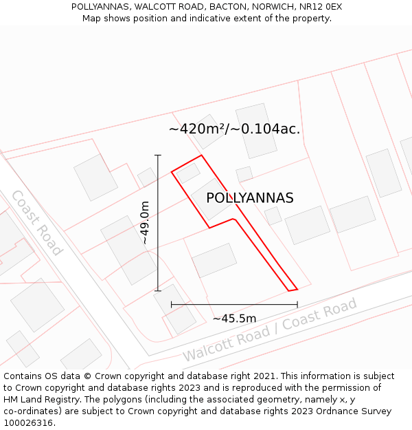 POLLYANNAS, WALCOTT ROAD, BACTON, NORWICH, NR12 0EX: Plot and title map