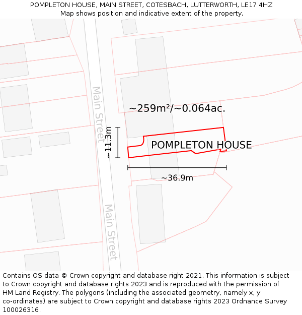 POMPLETON HOUSE, MAIN STREET, COTESBACH, LUTTERWORTH, LE17 4HZ: Plot and title map