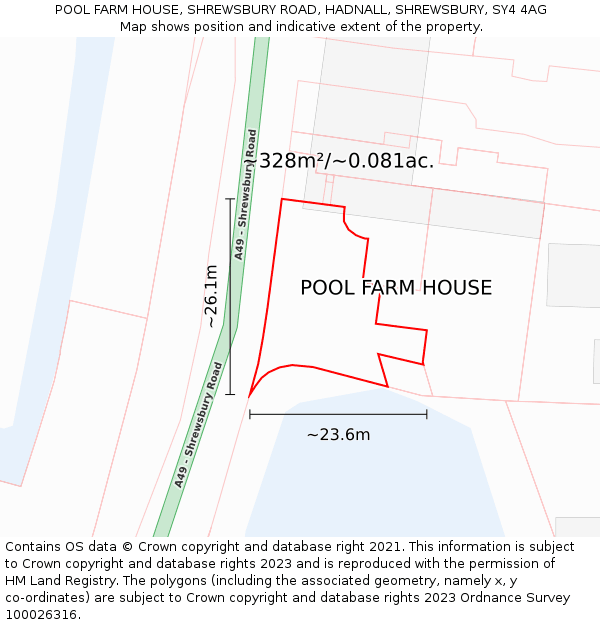 POOL FARM HOUSE, SHREWSBURY ROAD, HADNALL, SHREWSBURY, SY4 4AG: Plot and title map