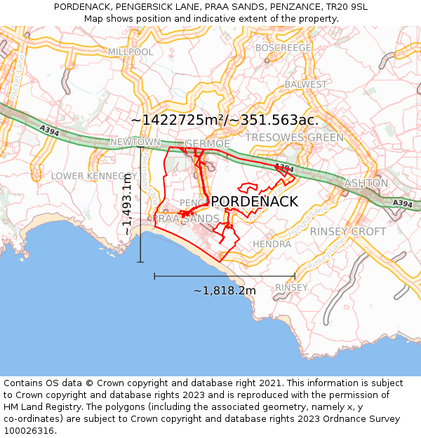 PORDENACK, PENGERSICK LANE, PRAA SANDS, PENZANCE, TR20 9SL: Plot and title map