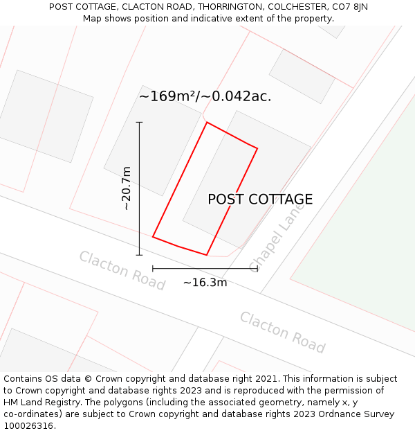 POST COTTAGE, CLACTON ROAD, THORRINGTON, COLCHESTER, CO7 8JN: Plot and title map