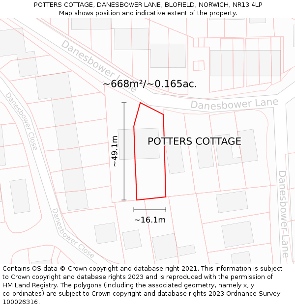 POTTERS COTTAGE, DANESBOWER LANE, BLOFIELD, NORWICH, NR13 4LP: Plot and title map