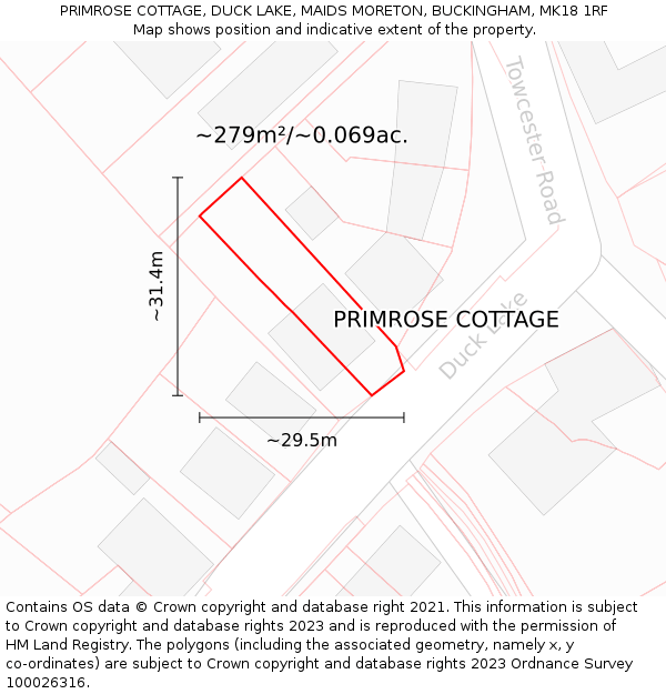 PRIMROSE COTTAGE, DUCK LAKE, MAIDS MORETON, BUCKINGHAM, MK18 1RF: Plot and title map