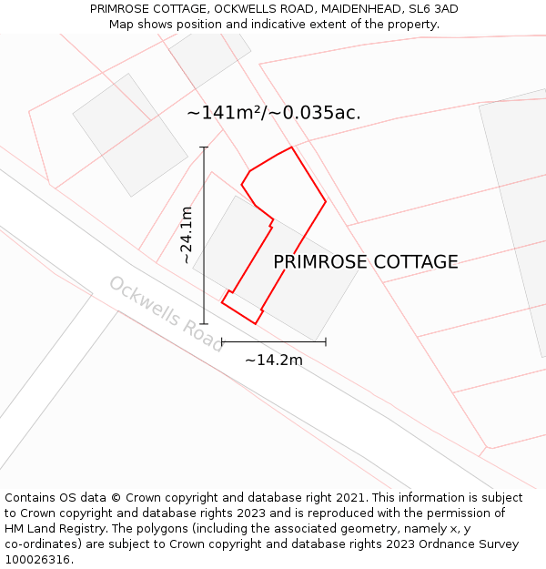 PRIMROSE COTTAGE, OCKWELLS ROAD, MAIDENHEAD, SL6 3AD: Plot and title map