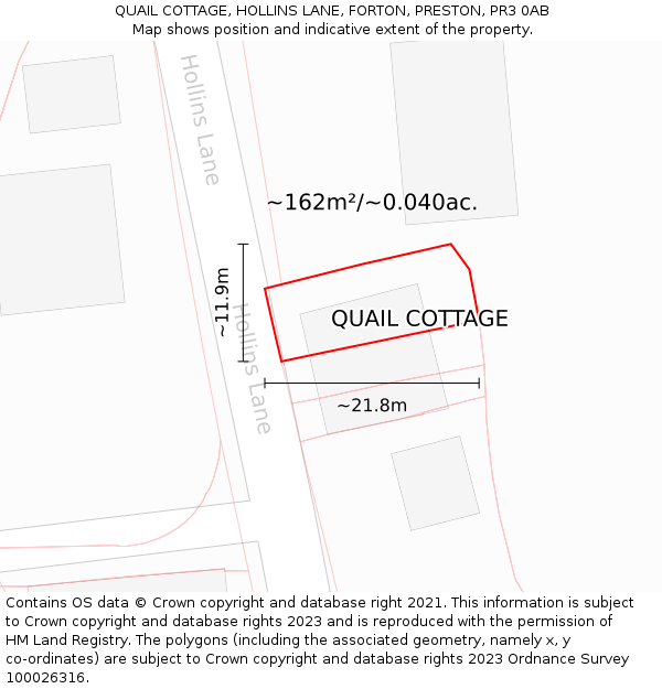 QUAIL COTTAGE, HOLLINS LANE, FORTON, PRESTON, PR3 0AB: Plot and title map