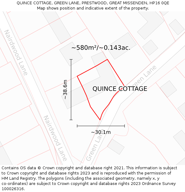 QUINCE COTTAGE, GREEN LANE, PRESTWOOD, GREAT MISSENDEN, HP16 0QE: Plot and title map