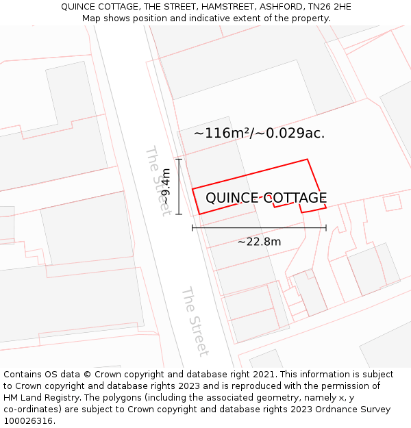 QUINCE COTTAGE, THE STREET, HAMSTREET, ASHFORD, TN26 2HE: Plot and title map