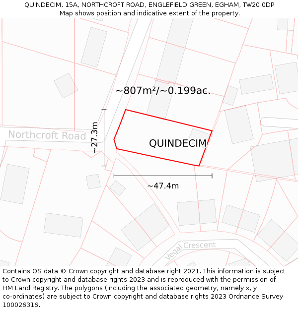 QUINDECIM, 15A, NORTHCROFT ROAD, ENGLEFIELD GREEN, EGHAM, TW20 0DP: Plot and title map