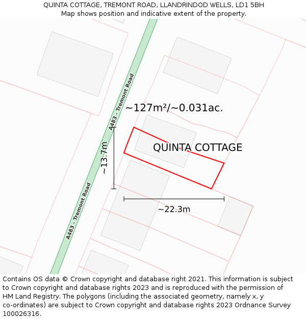 QUINTA COTTAGE, TREMONT ROAD, LLANDRINDOD WELLS, LD1 5BH: Plot and title map