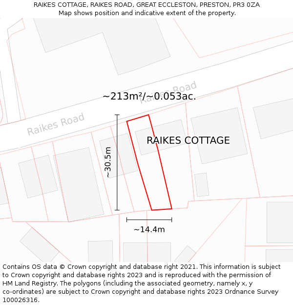 RAIKES COTTAGE, RAIKES ROAD, GREAT ECCLESTON, PRESTON, PR3 0ZA: Plot and title map