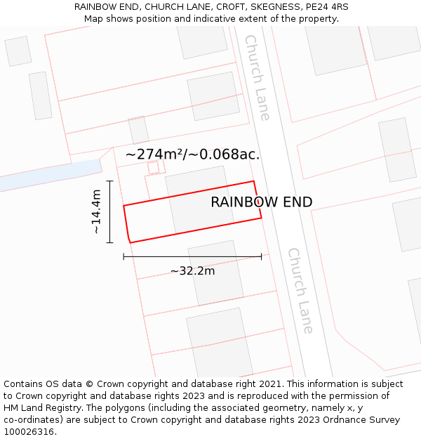 RAINBOW END, CHURCH LANE, CROFT, SKEGNESS, PE24 4RS: Plot and title map