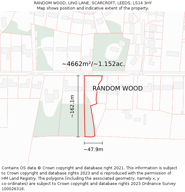 RANDOM WOOD, LING LANE, SCARCROFT, LEEDS, LS14 3HY: Plot and title map