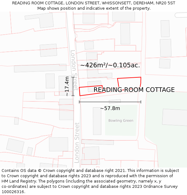 READING ROOM COTTAGE, LONDON STREET, WHISSONSETT, DEREHAM, NR20 5ST: Plot and title map