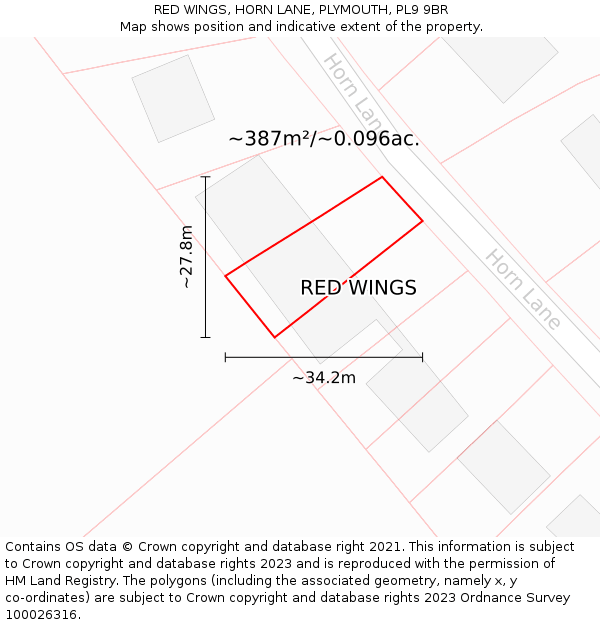 RED WINGS, HORN LANE, PLYMOUTH, PL9 9BR: Plot and title map