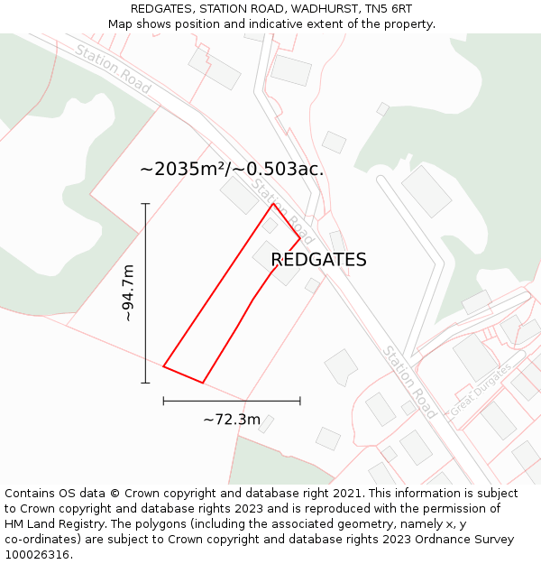 REDGATES, STATION ROAD, WADHURST, TN5 6RT: Plot and title map