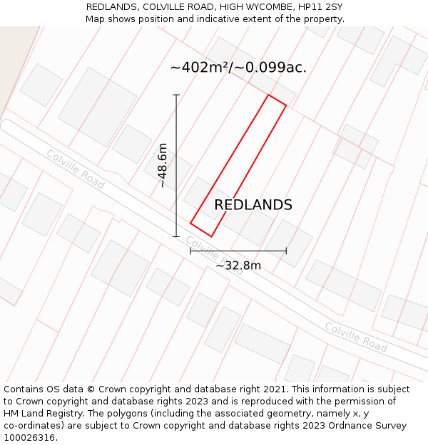 REDLANDS, COLVILLE ROAD, HIGH WYCOMBE, HP11 2SY: Plot and title map