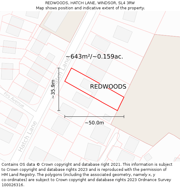 REDWOODS, HATCH LANE, WINDSOR, SL4 3RW: Plot and title map