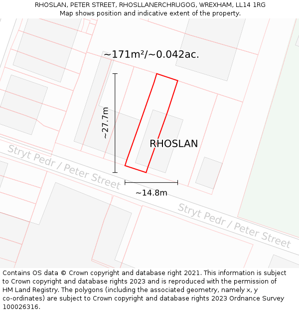 RHOSLAN, PETER STREET, RHOSLLANERCHRUGOG, WREXHAM, LL14 1RG: Plot and title map