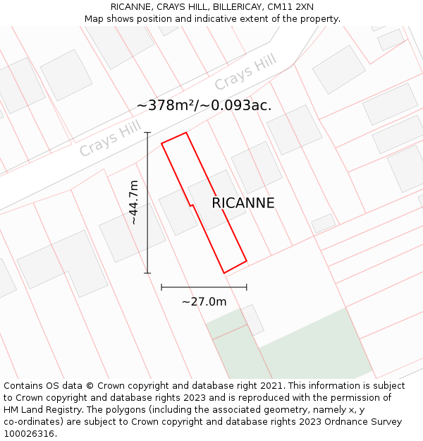 RICANNE, CRAYS HILL, BILLERICAY, CM11 2XN: Plot and title map