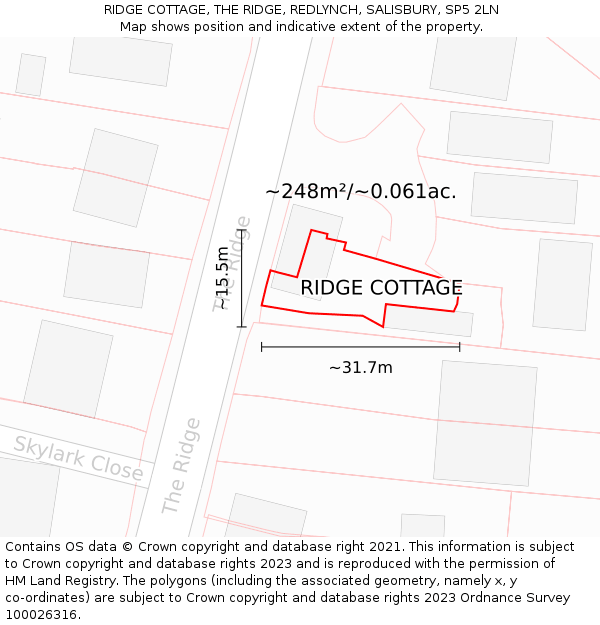 RIDGE COTTAGE, THE RIDGE, REDLYNCH, SALISBURY, SP5 2LN: Plot and title map