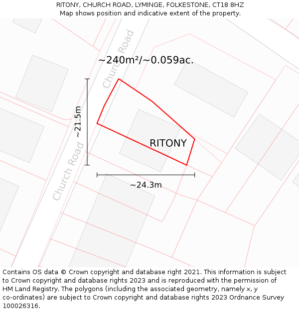 RITONY, CHURCH ROAD, LYMINGE, FOLKESTONE, CT18 8HZ: Plot and title map