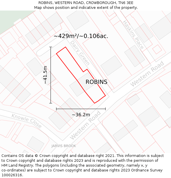 ROBINS, WESTERN ROAD, CROWBOROUGH, TN6 3EE: Plot and title map