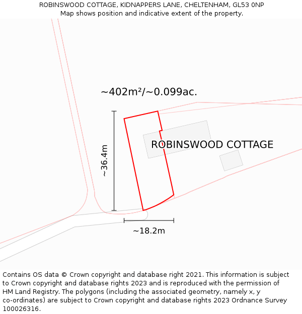 ROBINSWOOD COTTAGE, KIDNAPPERS LANE, CHELTENHAM, GL53 0NP: Plot and title map