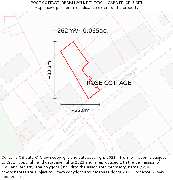 ROSE COTTAGE, BRONLLWYN, PENTYRCH, CARDIFF, CF15 9PT: Plot and title map