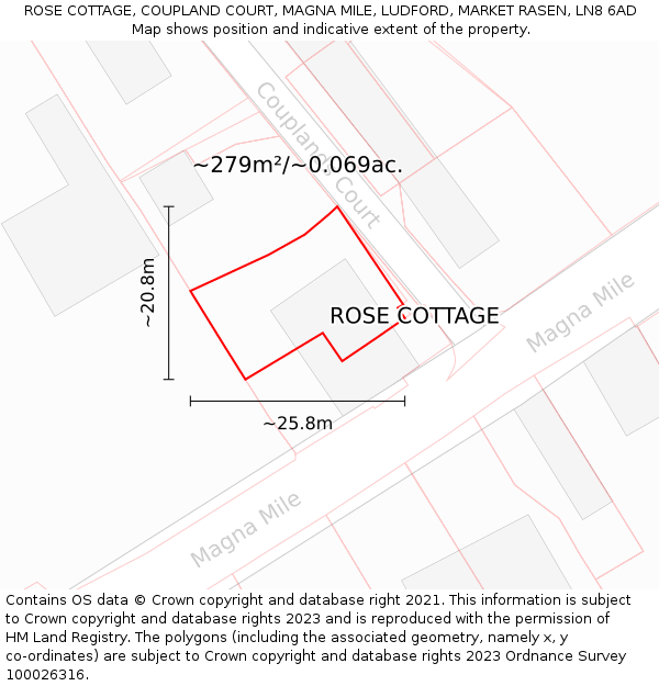 ROSE COTTAGE, COUPLAND COURT, MAGNA MILE, LUDFORD, MARKET RASEN, LN8 6AD: Plot and title map