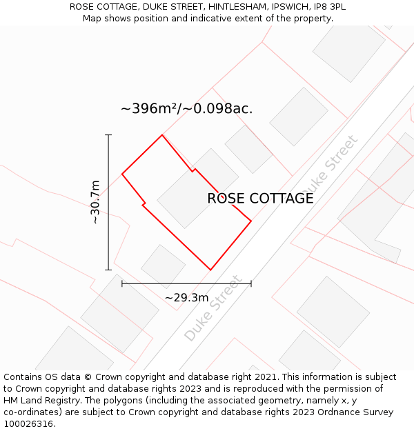 ROSE COTTAGE, DUKE STREET, HINTLESHAM, IPSWICH, IP8 3PL: Plot and title map