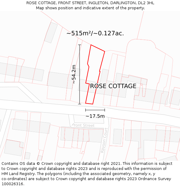 ROSE COTTAGE, FRONT STREET, INGLETON, DARLINGTON, DL2 3HL: Plot and title map