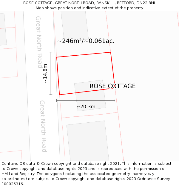 ROSE COTTAGE, GREAT NORTH ROAD, RANSKILL, RETFORD, DN22 8NL: Plot and title map