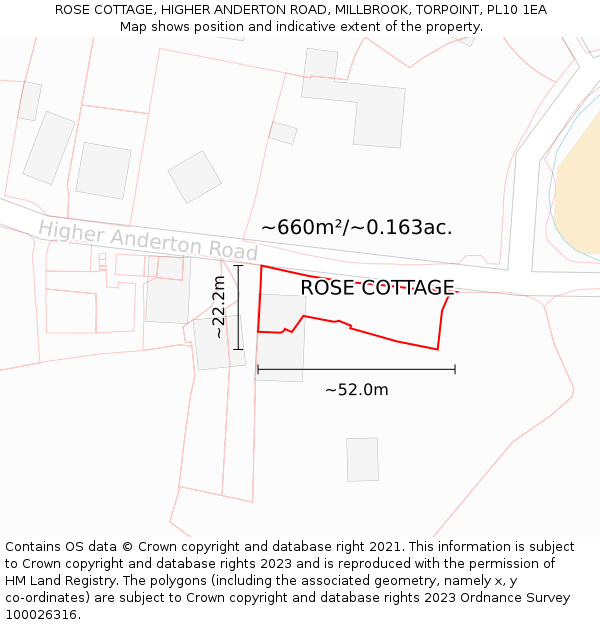 ROSE COTTAGE, HIGHER ANDERTON ROAD, MILLBROOK, TORPOINT, PL10 1EA: Plot and title map